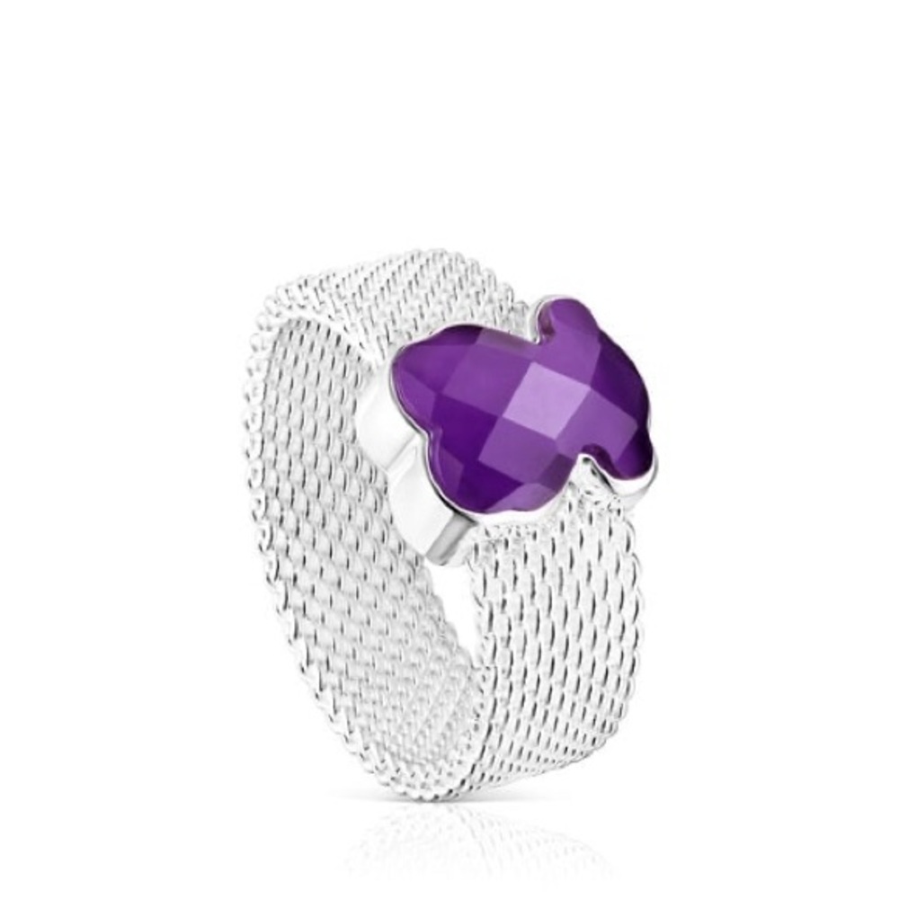 TOUS silver mesh ring with amethyst bear NWOT
